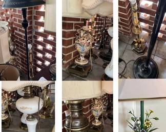 Some of the lamps available. Brass,  Milk white, Italian, Tole Ware Floor Lamp
