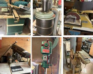 Radial saw, table saw, dust collector system, 2 press drills, and 2 belt sanders.