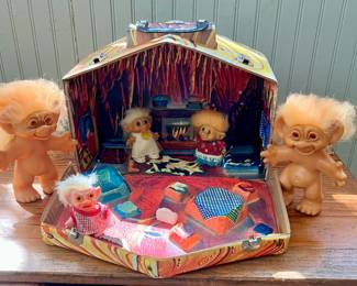 Vintage "Troll Cave" and dolls shown
