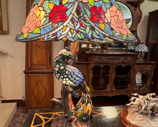 Unusual Peacock Stained Glass Lamp w/ 3 way switch