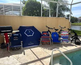 Tommy Bahama Beach Chairs and Umbrella / BBQ  /  Mountain Bikes with all accessories (Locks,Basket,Car Bike Rack