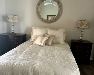 Queen bedroom Set - Price will be marked as package and/or individually includes: Queen Bed (including mattress & box spring) / lamps / night stands / mirror / all bedding included.