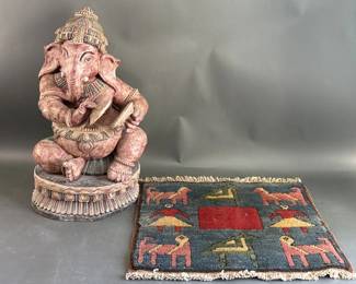 Vintage Elephant Statue & Decorative Rug