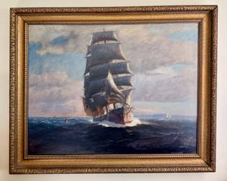 "Ship at Sea" Oil on Canvas, Signed T. Bailey