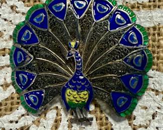 Portuguese Silver Filigree and Enamel Peacock Pin