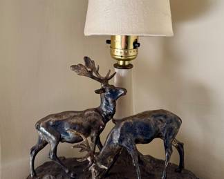 Vintage Black Forest Style Bronze Stag Lamp, Marble Base