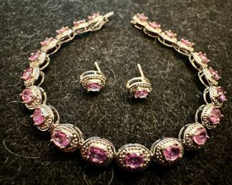 14K White Gold & Pink Stone Earrings & Bracelet