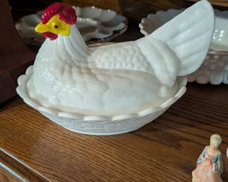 Fenton milk glass chicken on nest.