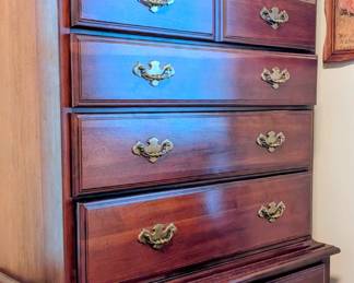 Vintage American Drew two-piece Queen and high boy dresser.