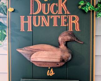Vintage Tom Taber duck Hunter sign with carved duck decoy, rare.