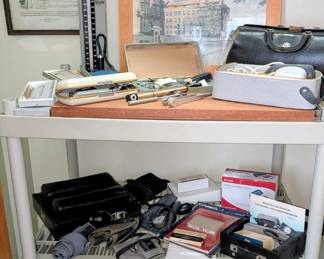 Vintage medical items, doctors leather bag. Blood pressure cuffs. Miscellaneous.