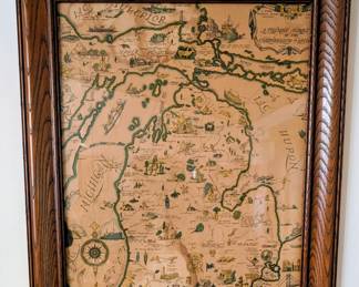 Framed 1940 service map of the Commonwealth of Michigan, Mobil oil.