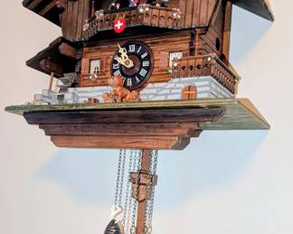 Vintage swiss wooden chalet musical cuckoo clock, works great!