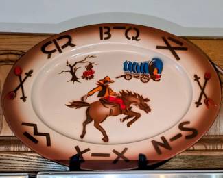Vintage Western Wear enamel platter, cowboy- wagon.