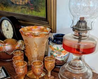 Many pieces of vintage marigold colored glass.