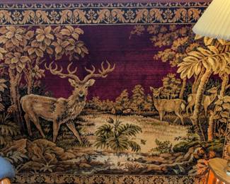 Vintage framed deer- buck wall tapestry rug – hunting cabin.