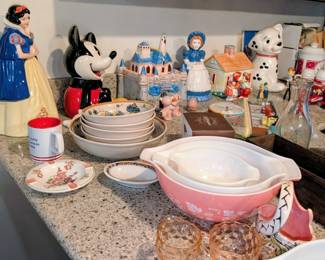 Cookie jars and Pyrex bowls.
