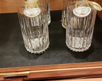 Crystal liquor decanters with fine bone china labels Staffordshire, England