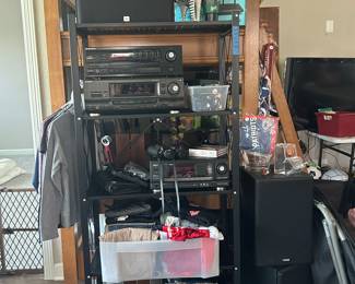 Hey Dudes, clothes, speakers, chair, and jelly bean container. 