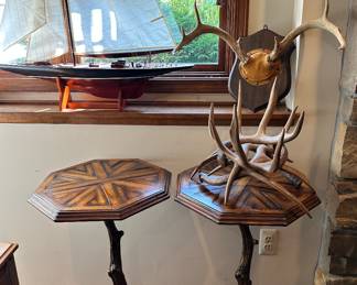 Pair of stick side tables, antler bowl, 