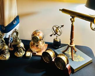 Brass Maritime Telescope w/ tripod , 
Vintage ships clock brass diving helmet