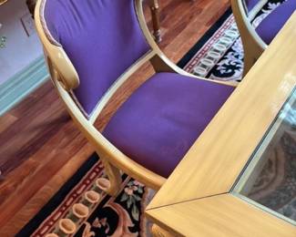 Ornate Dining Chairs with Carved Wood Frames and Purple Upholstery 