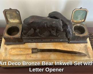 Art Deco Bronze Bear Inkwell Set with Letter Opener 