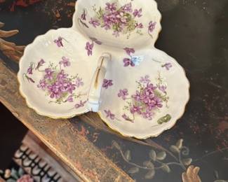 Vintage Porcelain Three Party Candy Dish with Floral Motif 