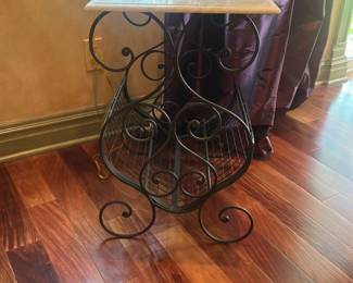 Ornate Wrought Iron and Marble Top side Table 