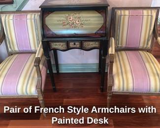 Pair of French Style Armchairs with Painted Desk 