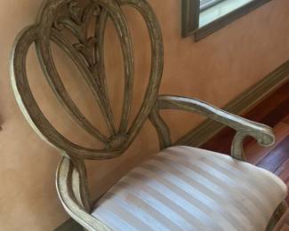 Round Glass Top Dining Table with Ornate Pedestal Base and Upholstered Chairs 