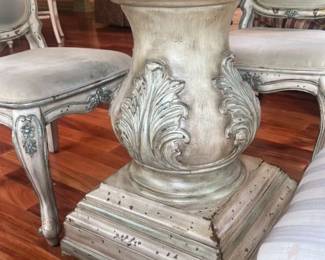 Round Glass Top Dining Table with Ornate Pedestal Base and Upholstered Chairs 