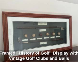 Framed "History of Golf" Display with Vintage Golf Clubs and Balls 