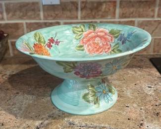 Large Ceramic Compote Bowl with Floral  Motif 