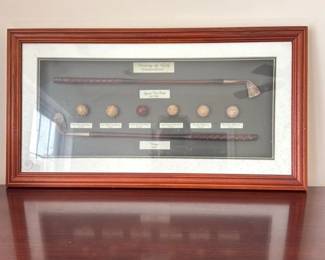 Framed "History of Golf" Display with Vintage Golf Clubs and Balls 
