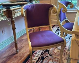 Ornate Dining Chairs with Carved Wood Frames and Purple Upholstery 