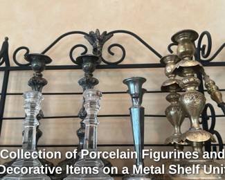 collection of Porcelain Figurines and Decorative Items on a Metal Shelf Unit 