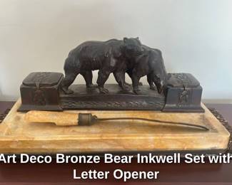 Art Deco Bronze Bear Inkwell Set with Letter Opener 