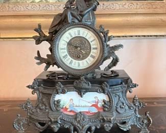 Antique French Ormolu Figural Mantel Clock with Porcelain Panel 