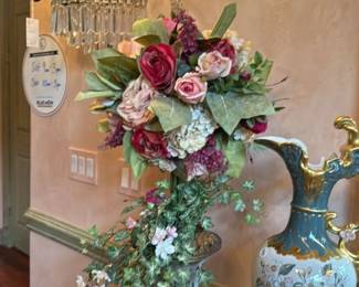 Vintage Artificial Floral Arrangement in Porcelain Vases