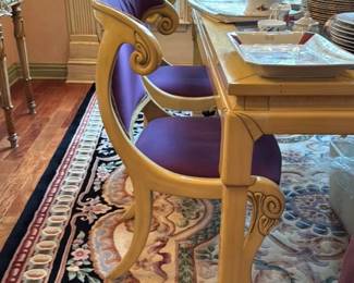 Ornate Dining Chairs with Carved Wood Frames and Purple Upholstery 