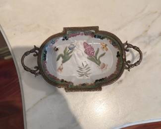 Antique Porcelain Trinket Dish with Gilt Metal Mount 