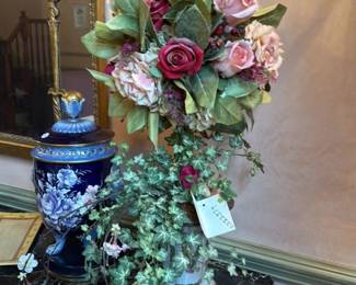 Vintage Artificial Floral Arrangement in Porcelain Vases 