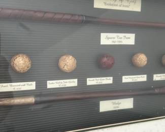 Framed "History of Golf" Display with Vintage Golf Clubs and Balls 