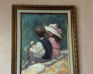 Oil Painting of Two Children by a Waterway