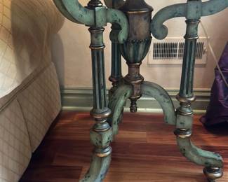 Antique Green Patina Pedestal Table with Carved Top 