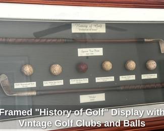 Framed "History of Golf" Display with Vintage Golf Clubs and Balls 