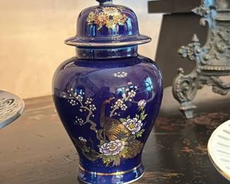 Cobalt Blue Porcelain Vase with Peacock and Floral Motif