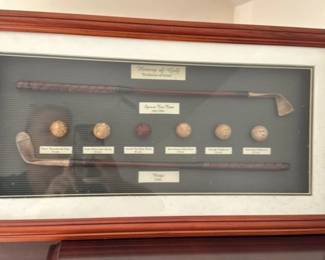 Framed "History of Golf" Display with Vintage Golf Clubs and Balls 