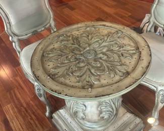 Round Glass Top Dining Table with Ornate Pedestal Base and Upholstered Chairs 